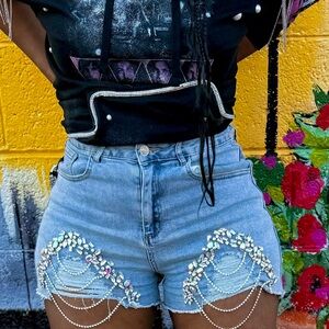 RHINESTONE RIPPED DENIM SHORTS